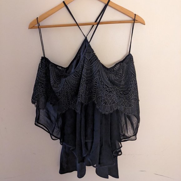 Cinq a Sept - Black Tiered Cold Shoulder Blouse with Lace - Picture 2 of 8